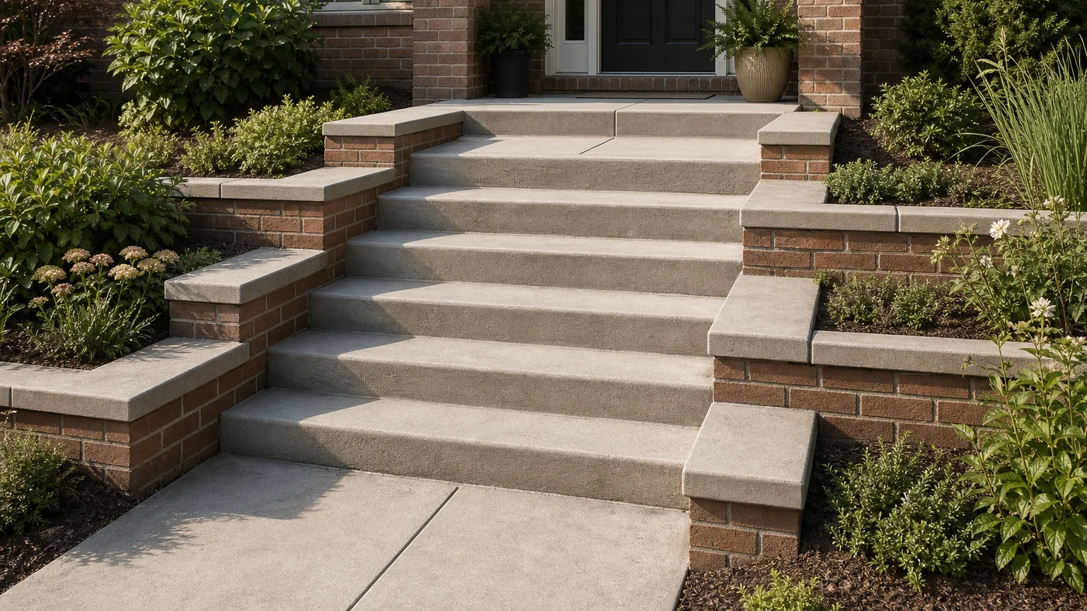 Concrete entry steps beside a low built-in bench wall and a small planted front courtyard.