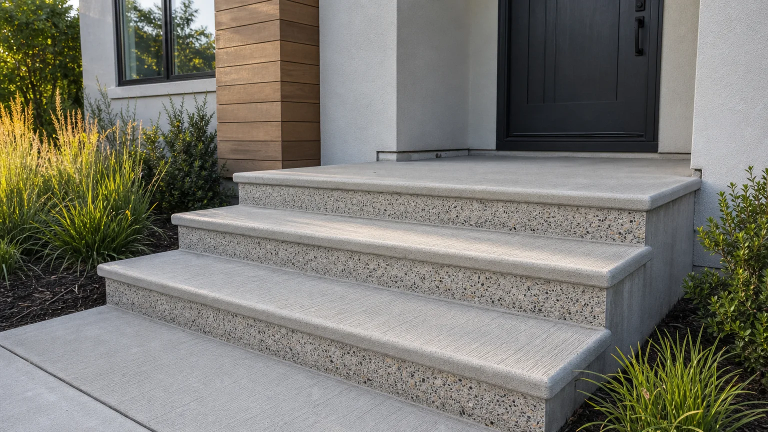 Concrete garden steps meeting a low seating terrace with structured planting and a small fire table.