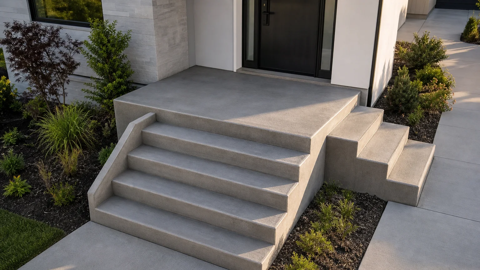 Concrete entry steps rising to a full-height landing pedestal connected to a front walk.