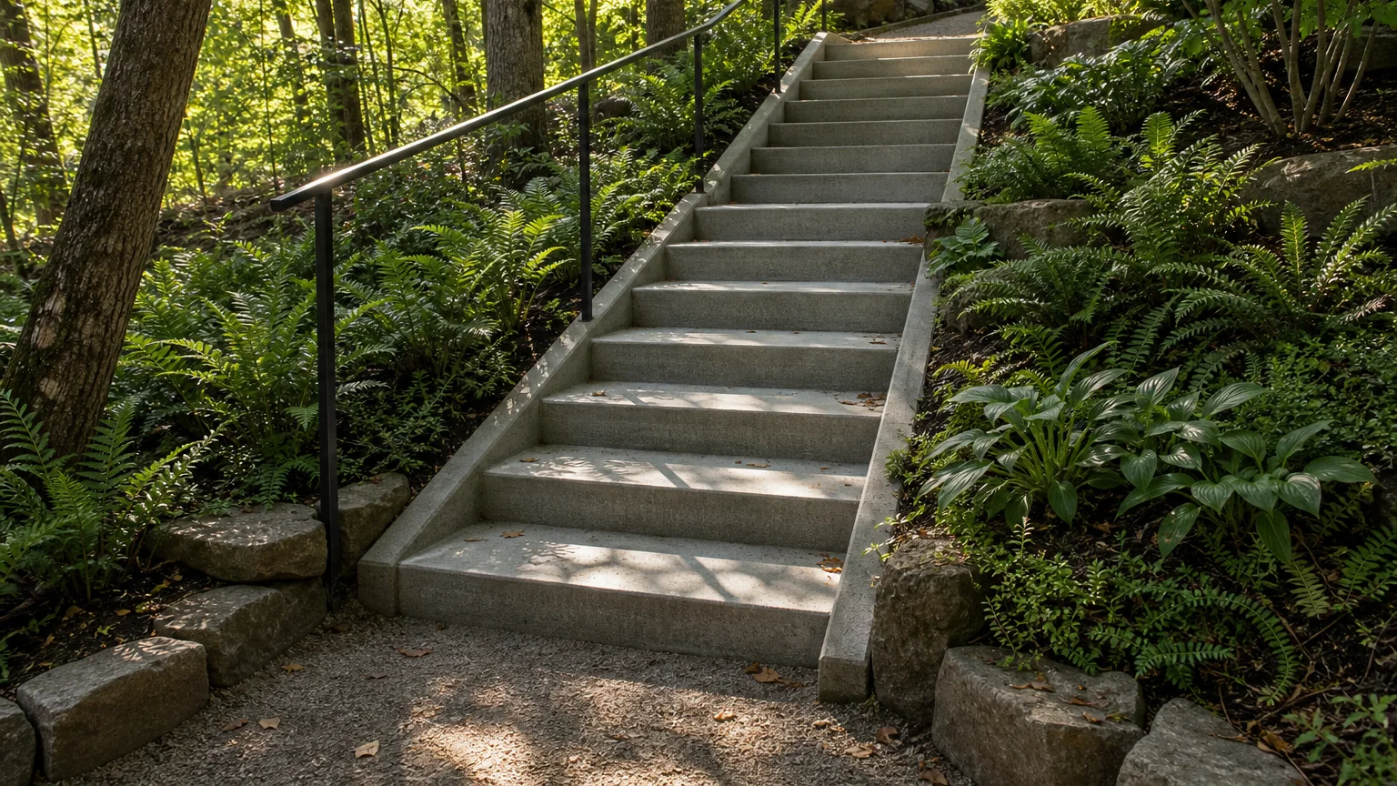 Concrete porch steps with a generous lower landing connecting to a front garden path.