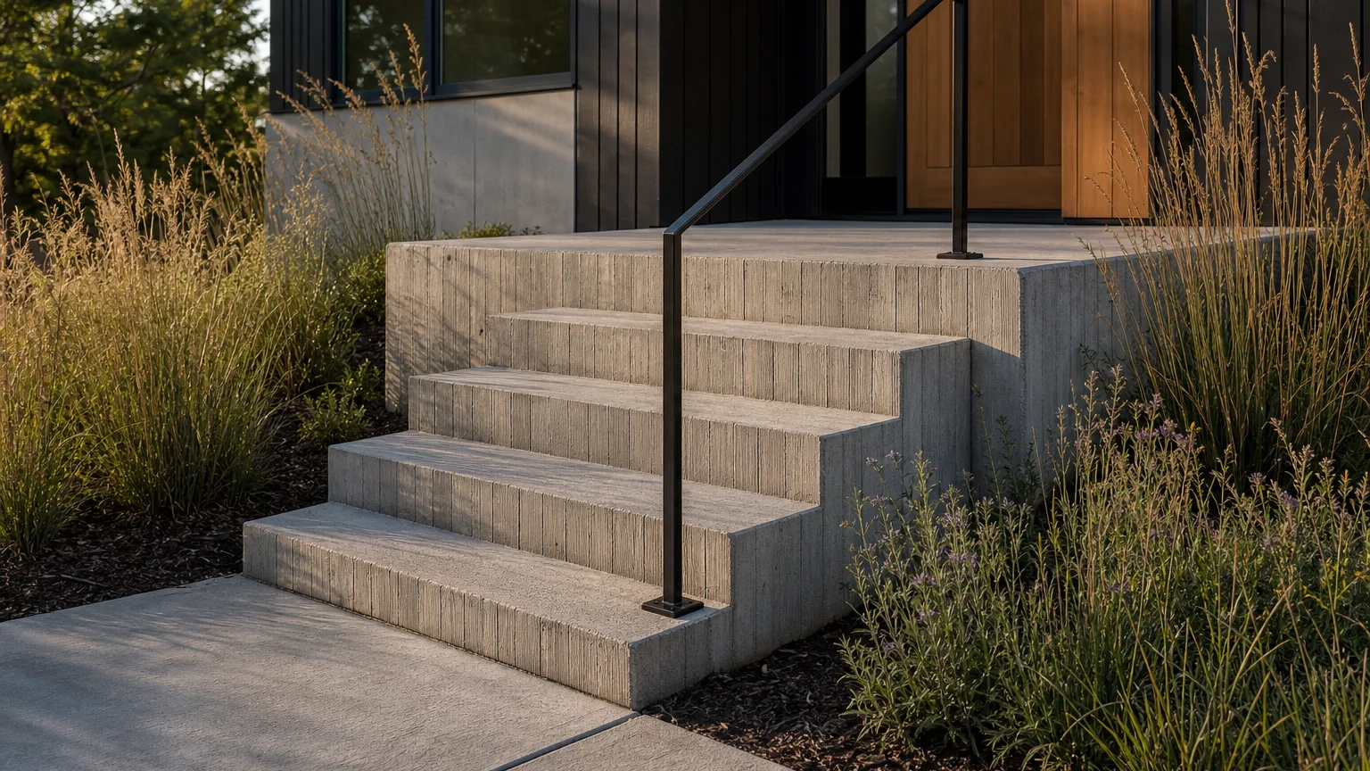 Concrete entry steps framed by tiered low planter walls with evergreen and grass planting.