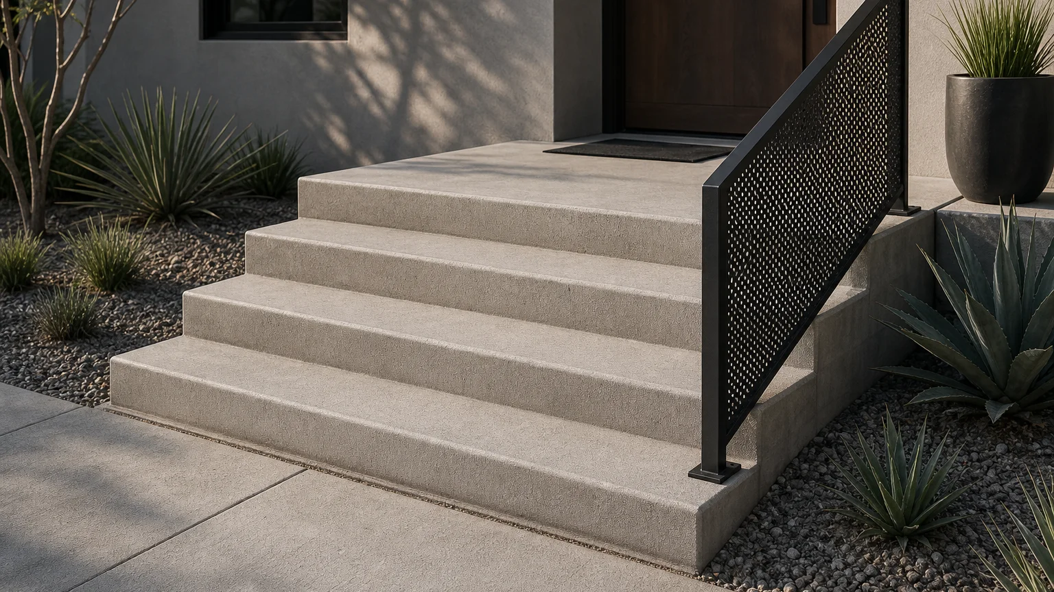 Modern concrete stoop with broad uniform steps and a perforated steel handrail panel.