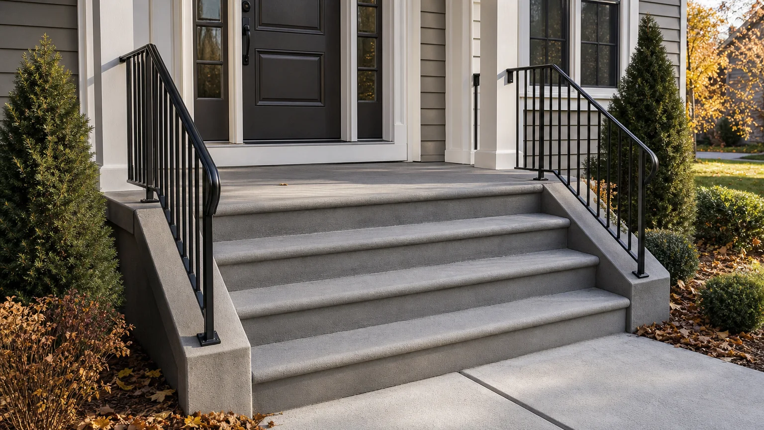 Solid concrete stoop with uniform steps beside a shallow rain-garden planting edge.