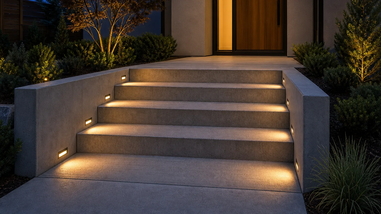 Concrete stoop with uniform steps and recessed wall lights at early blue hour.