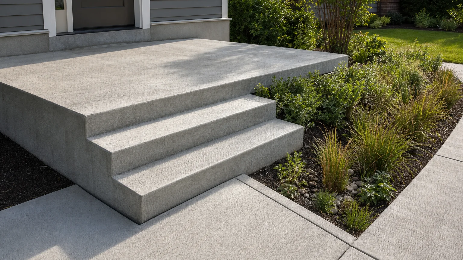 Contemporary concrete stair with a cantilever-like appearance but visible structural side support.