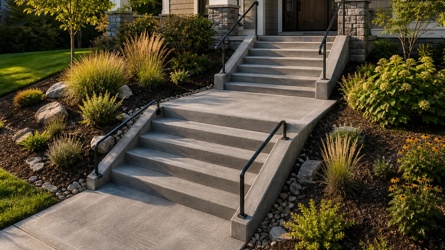 Deep concrete porch landing with uniform entry steps and a low planted sidewall.