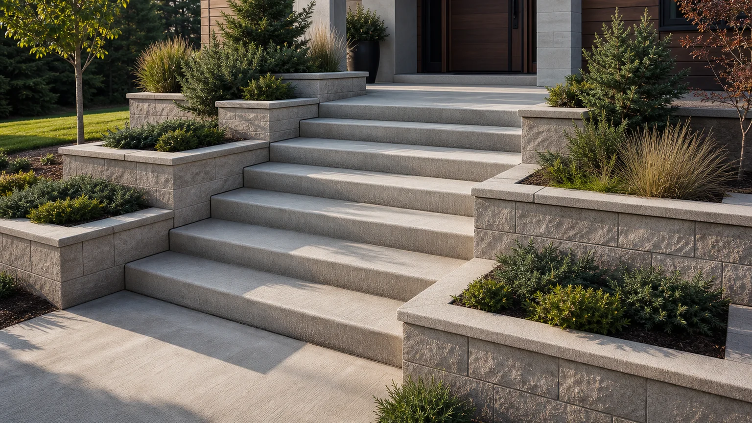 Modern concrete stair with two short flights divided by a central planted structural spine.
