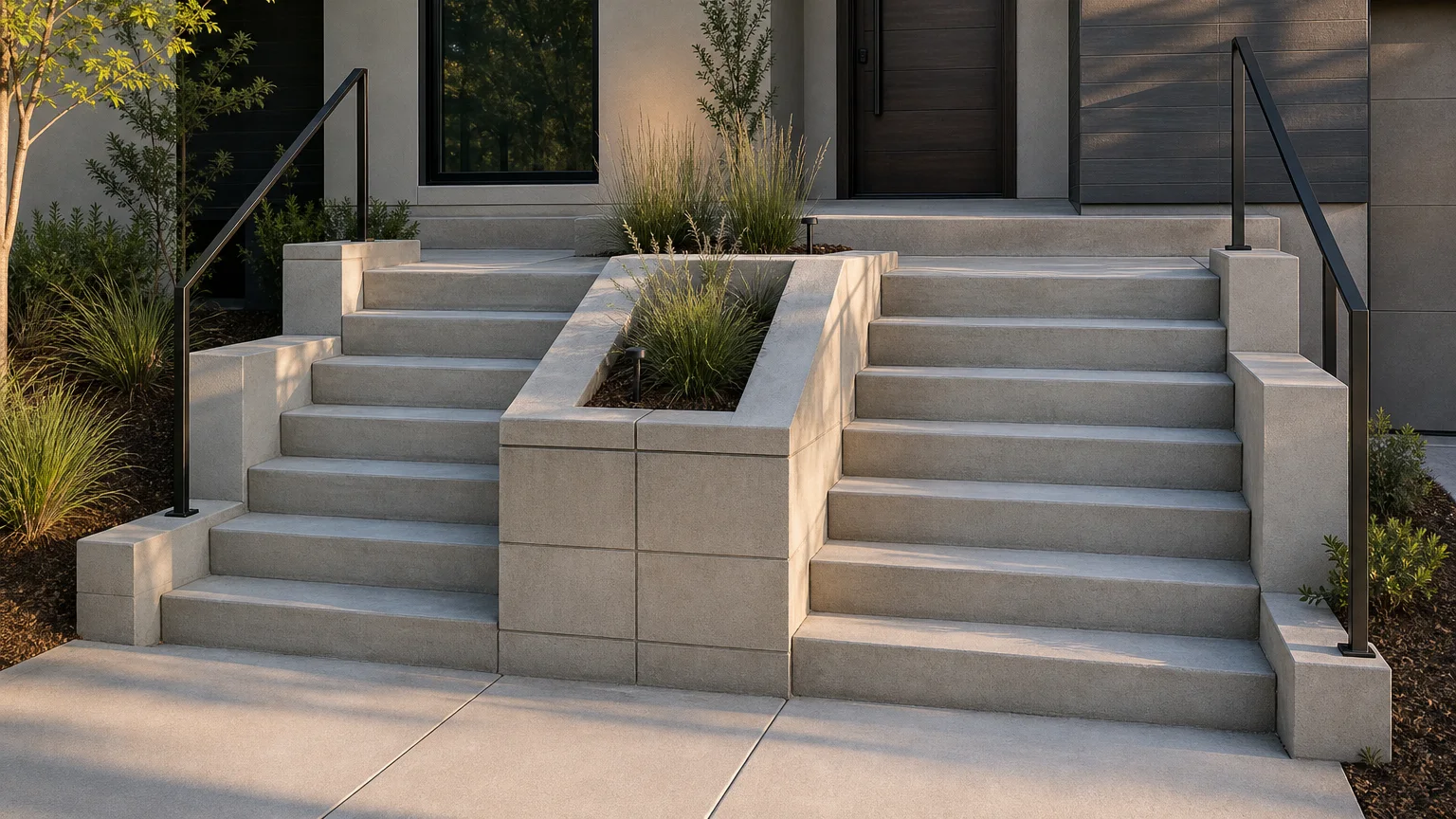 Architect-designed folded-plate concrete garden stair supported by low structural side walls.