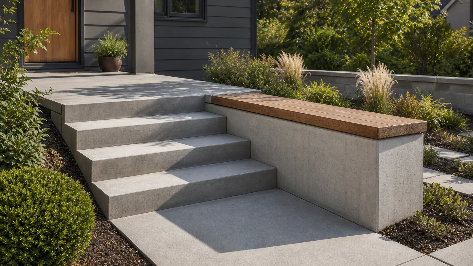 Engineer-designed open concrete stair with dark steel guardrails between two modern garden levels.