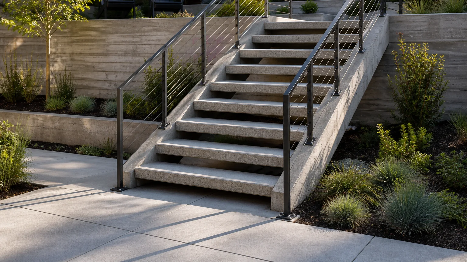 Open-looking concrete stair supported by a structural spine between a terrace and lower lawn.