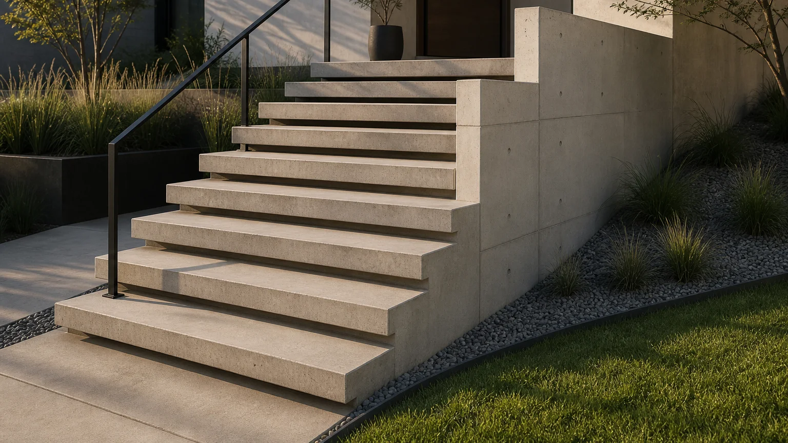 Modern open-looking concrete entry stair supported by a continuous structural side wall.