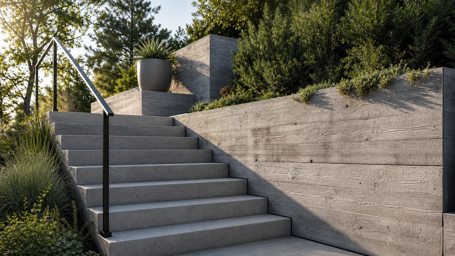 Sculptural but supported concrete zigzag stair across a low landscaped grade change.