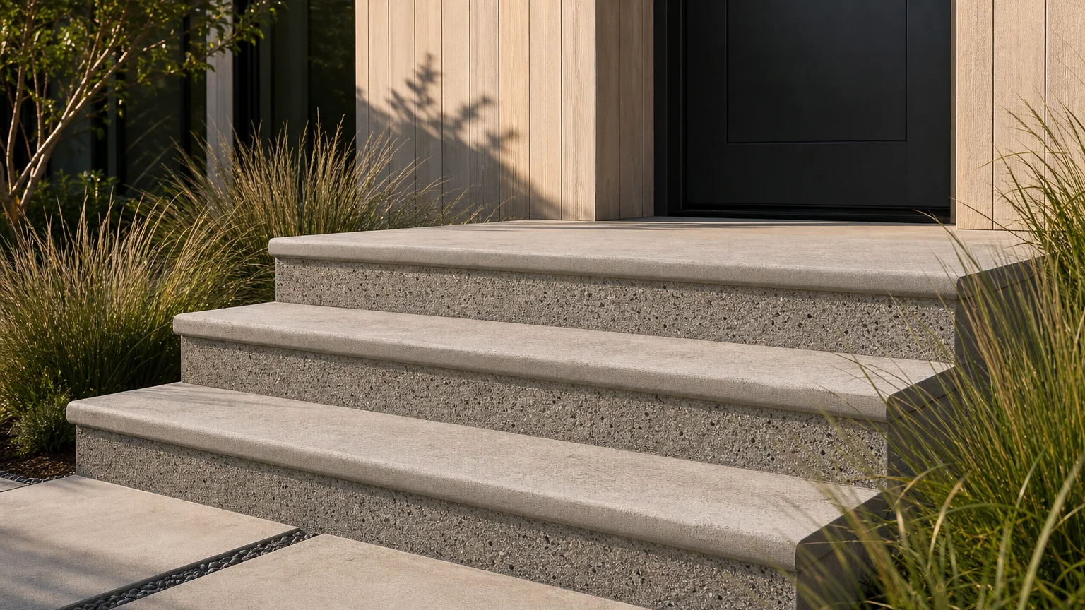 Concrete stoop with fine exposed-aggregate riser faces and broom-finished treads.