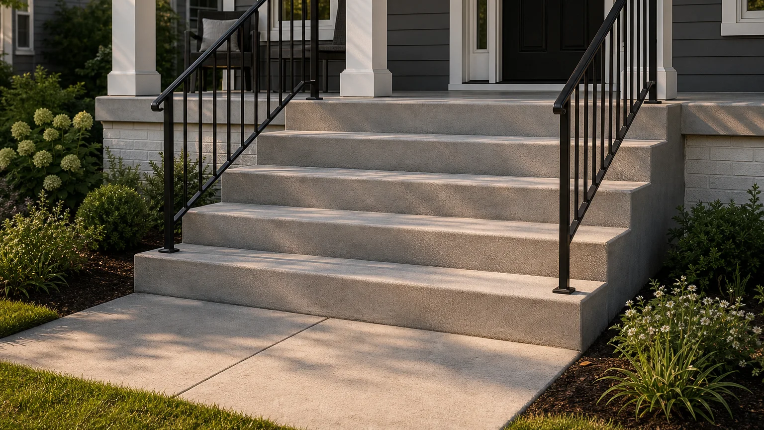 Full-width concrete stoop with broad uniform steps, simple railings, and a traditional front porch.