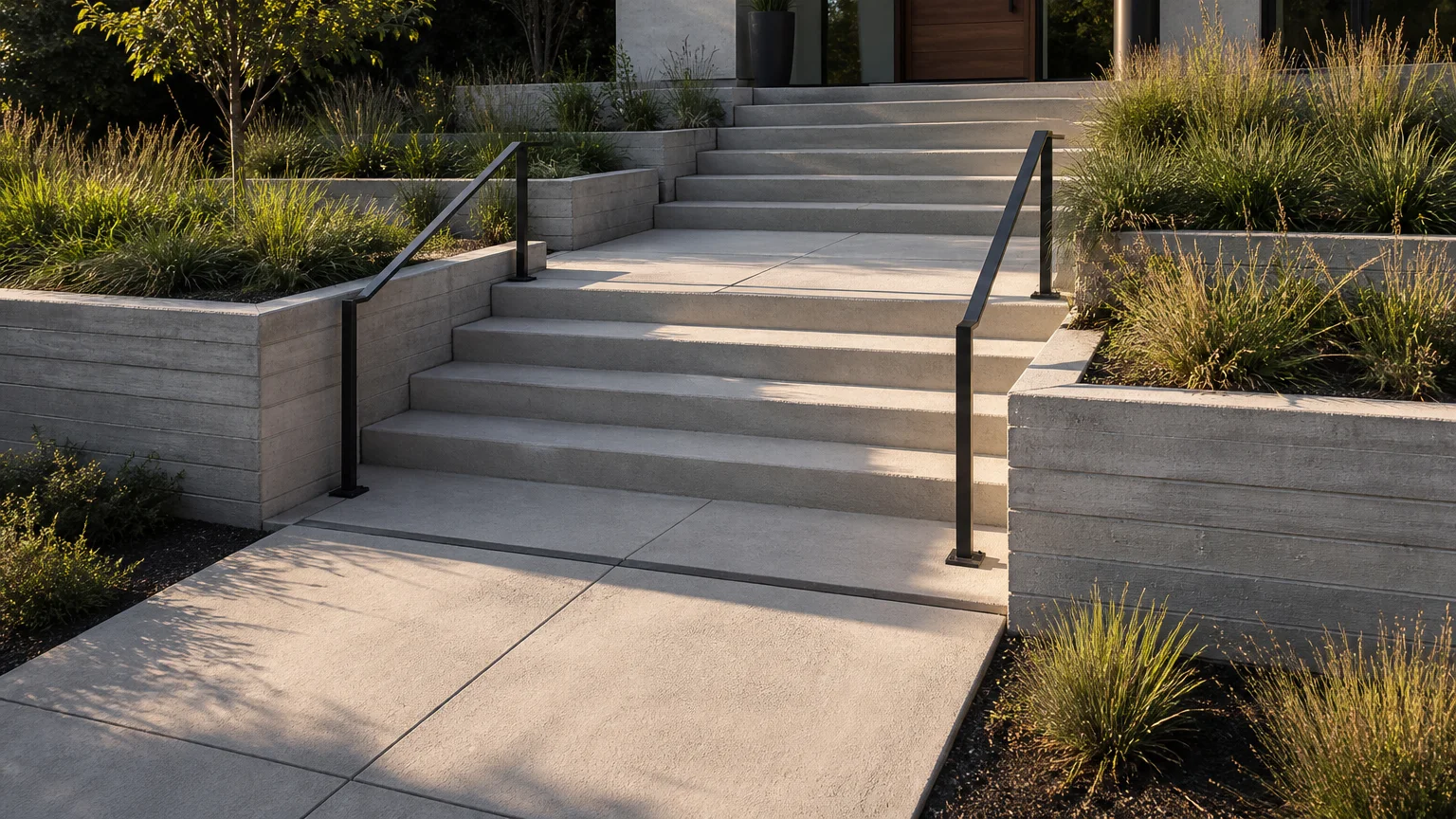 Layered concrete entry stair with broad uniform steps, full landing terraces, and modern landscape planting.