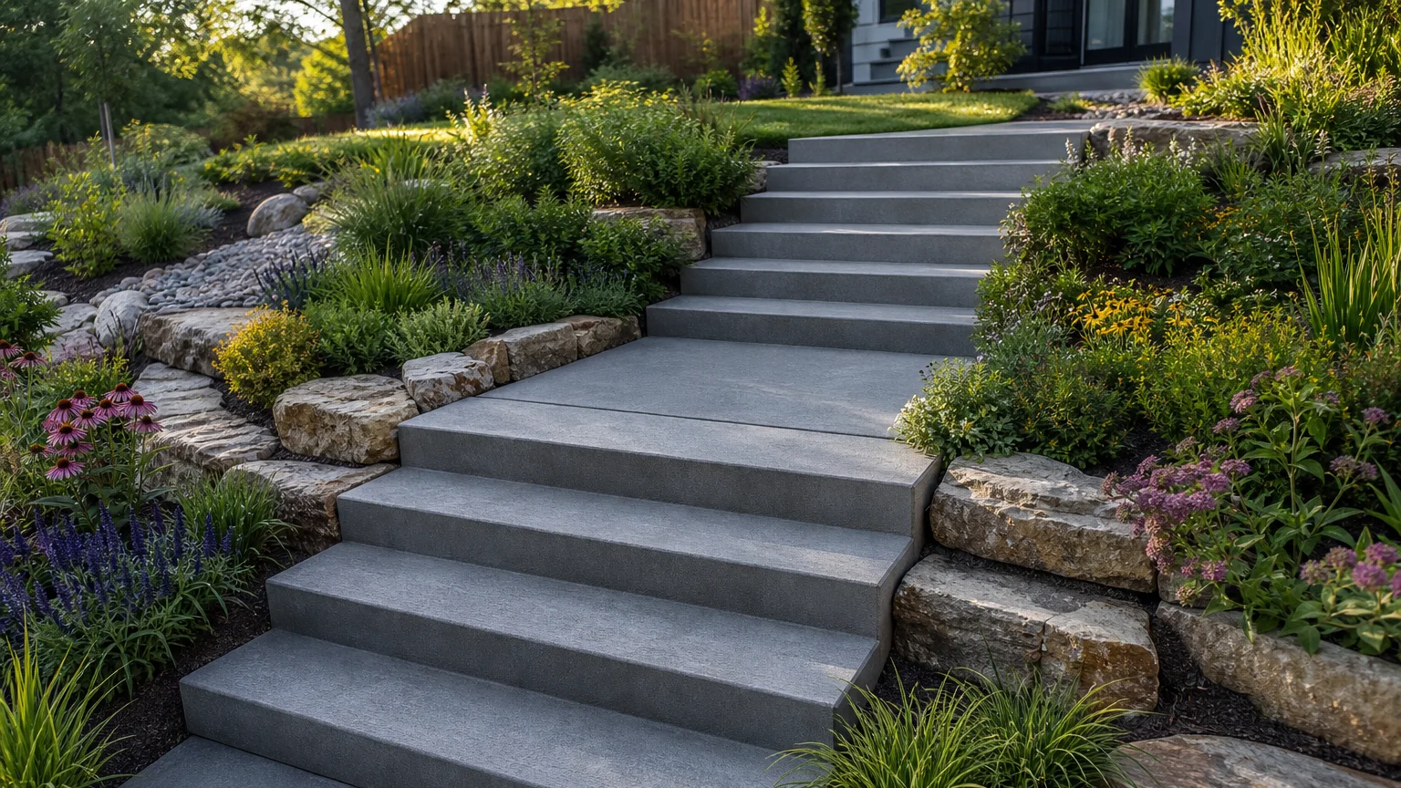 Hillside concrete steps with a broad mid-landing terrace and planted retaining edges.