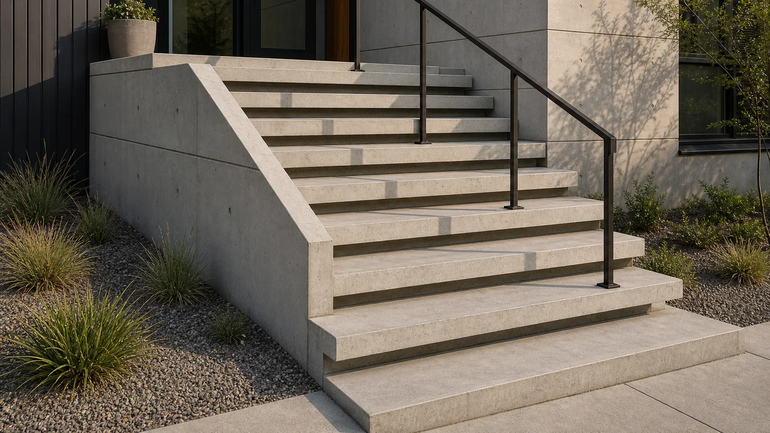 Concrete hillside steps beside a shallow planted drainage swale and low native grasses.