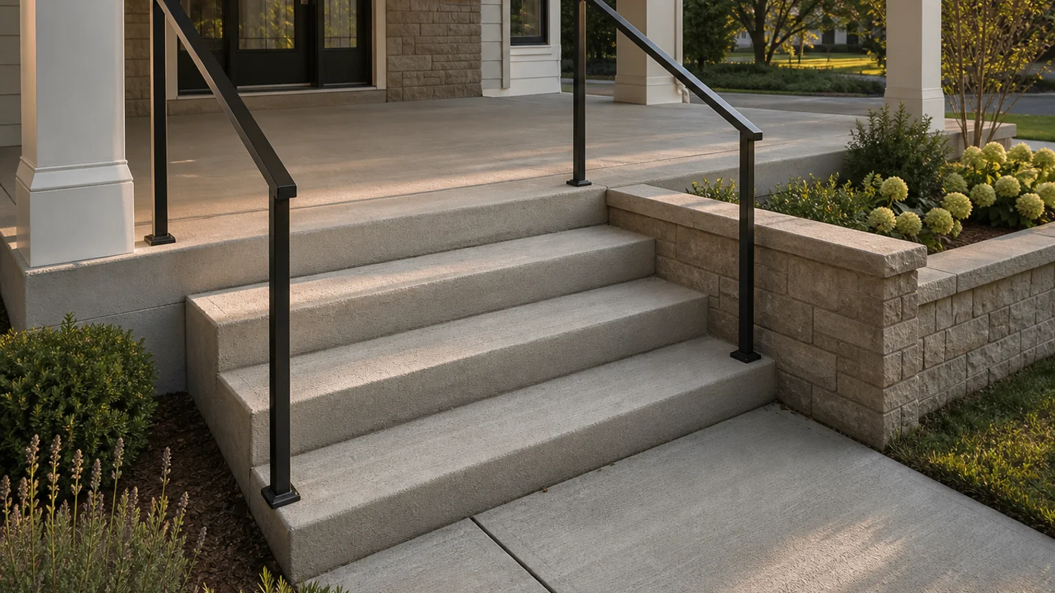 L-shaped concrete entry steps wrapping around a full landing beside a contemporary front door.