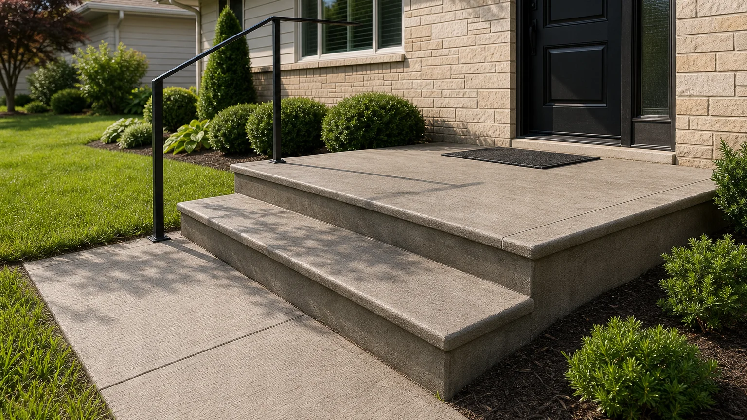 Refined concrete stoop with wide uniform steps at a mid-century ranch home.