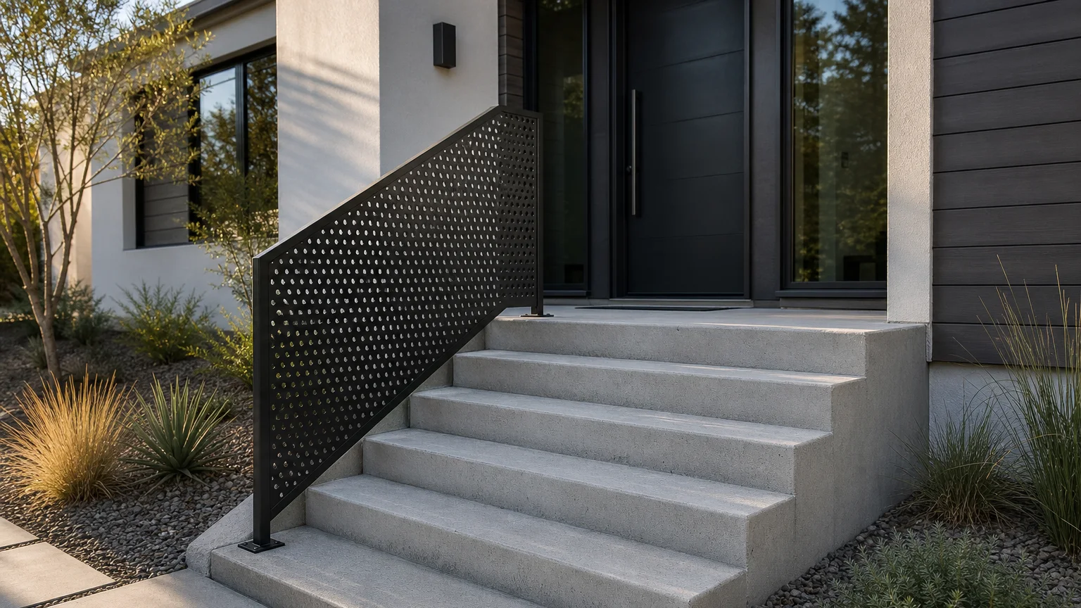 Minimal concrete stoop with broad uniform steps and a long low planter bench beside the landing.