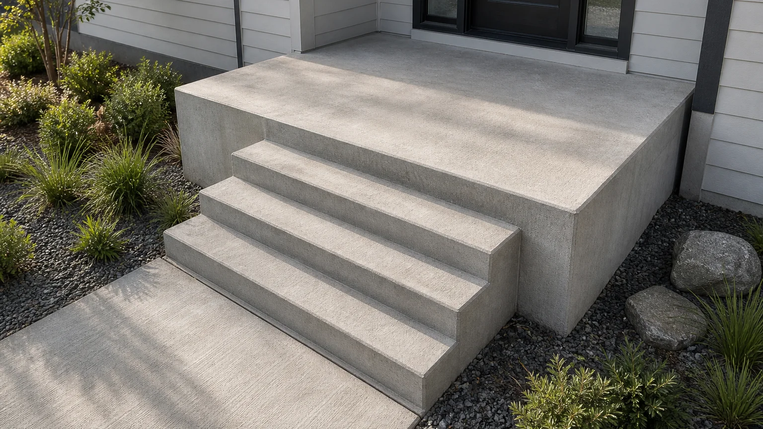 Minimal solid concrete stoop with wide uniform steps and a single black metal handrail.