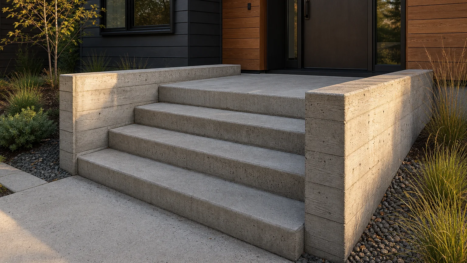 Solid concrete front stoop with low board-formed sidewalls and uniform broom-finished steps.