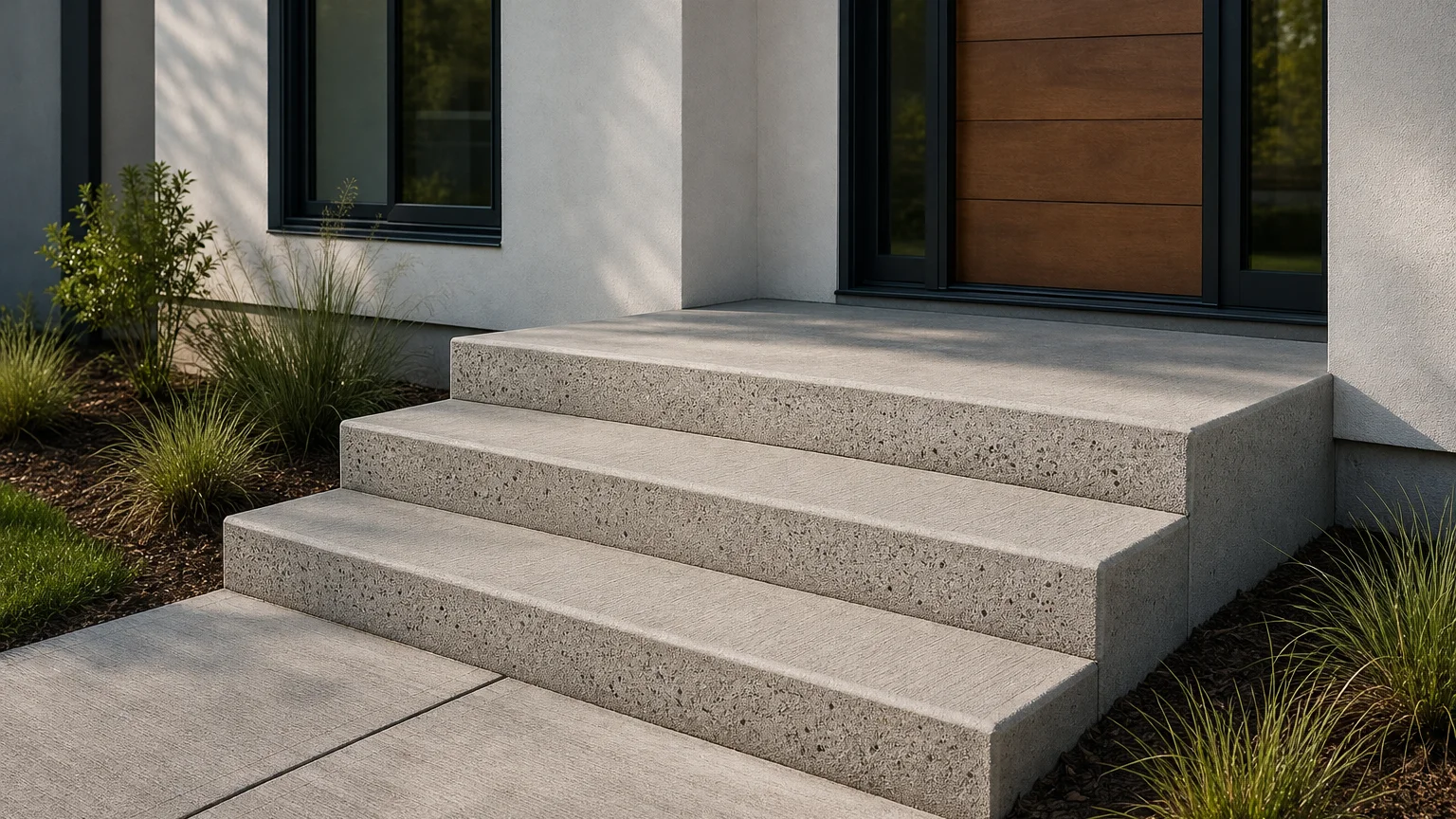 Modern concrete stoop with a fine aggregate finish, broad steps, and simple low planting.
