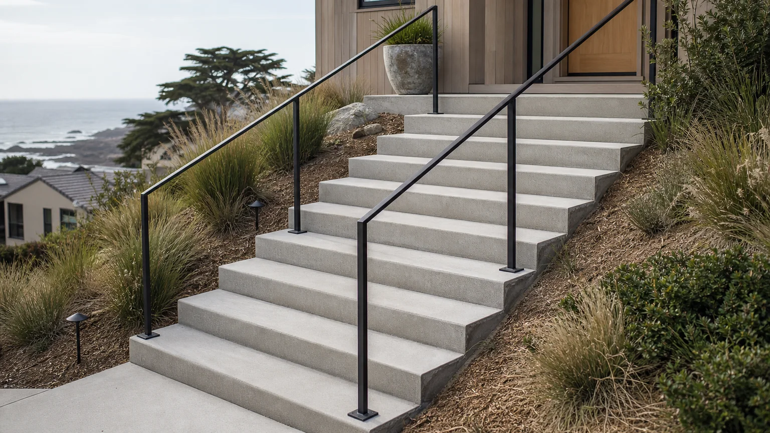 Modern concrete hillside steps between low retaining walls and structured ornamental grasses.