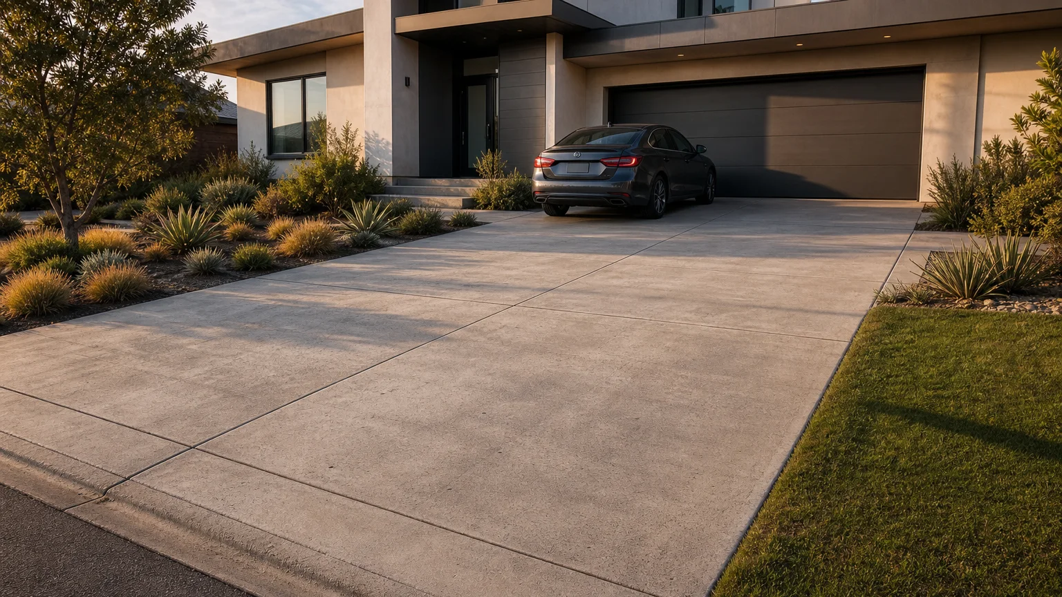 Monolithic modern concrete entry stoop with clean step faces and a full landing at the front door.