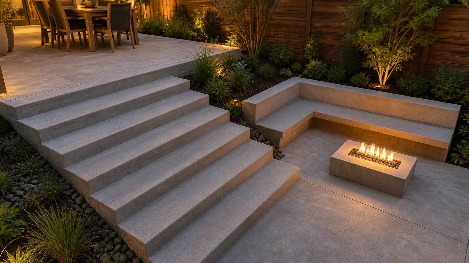 Open-looking concrete stair beside a board-formed retaining wall and structured garden planting.