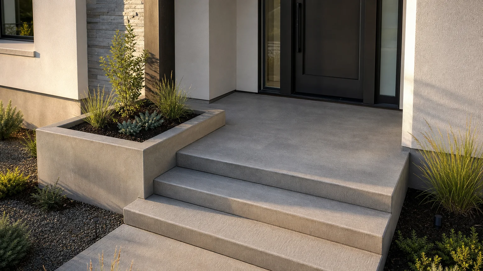 Modern solid concrete entry plinth with broad steps and an integrated low planter.