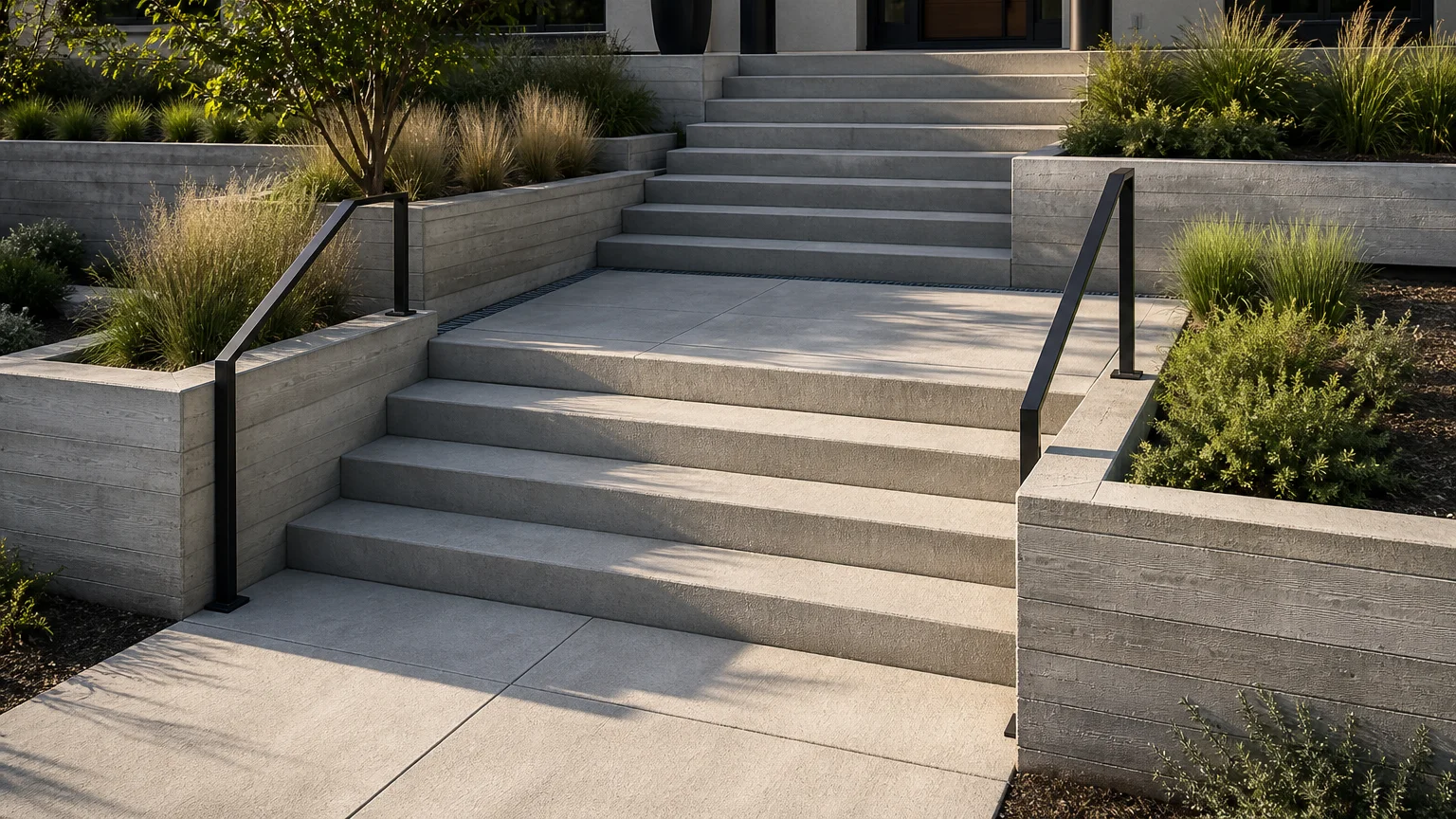 Side-entry concrete steps with uniform treads, low privacy planting, and a simple metal rail.