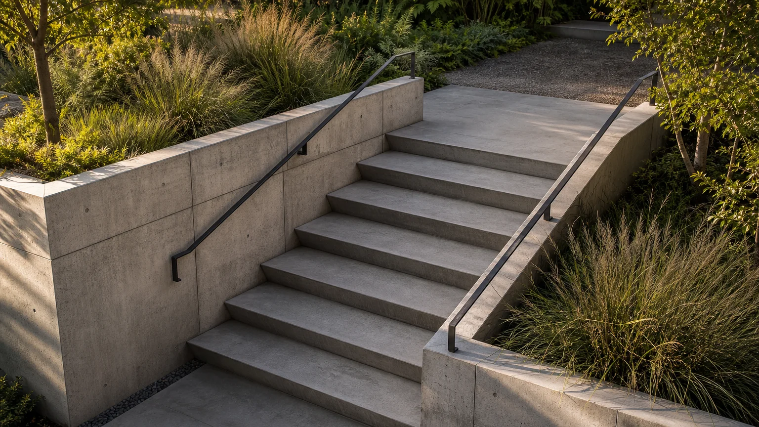 Practical concrete steps managing a side-yard grade change between a driveway and backyard.