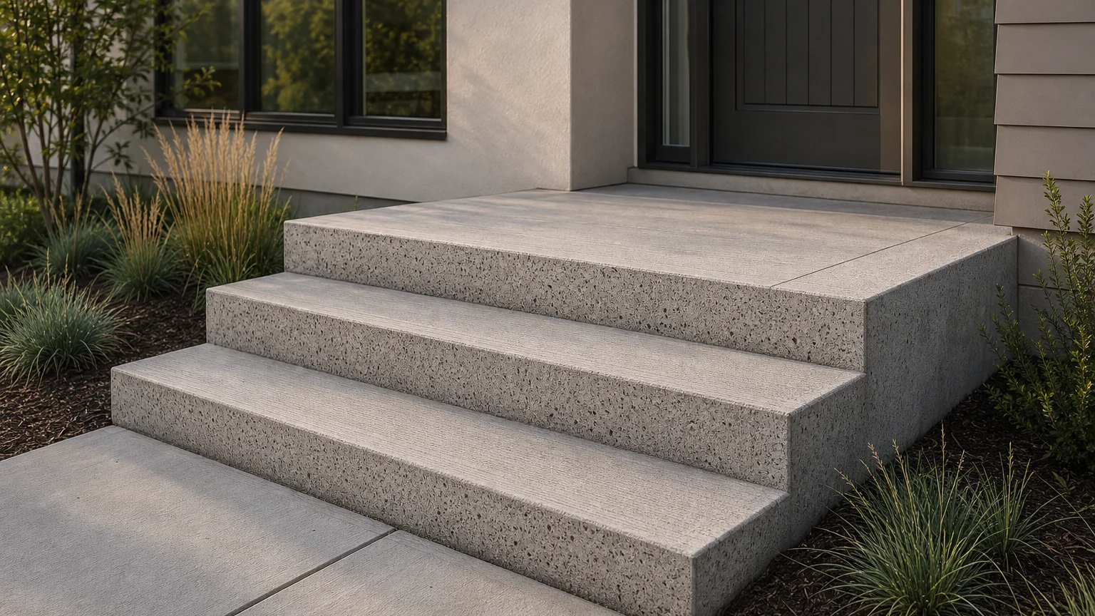 Solid concrete stoop with uniform steps beside a low side garden and front path.
