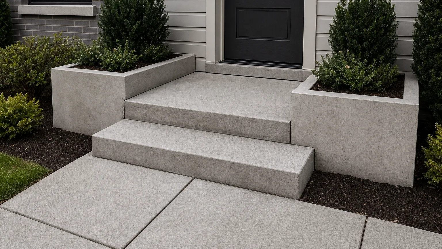 Split-flight concrete entry steps with a generous mid-landing and low landscape walls.