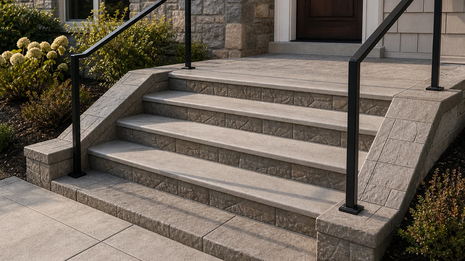 Stamped concrete stoop with subtle stone-texture risers and smooth broom-finished tread zones.