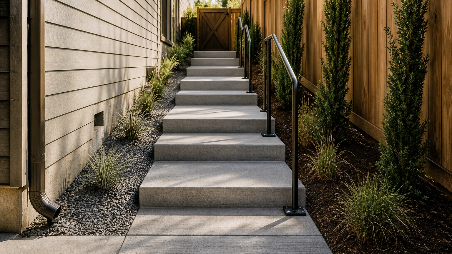 Straight concrete steps cast against a compacted garden slope with uniform risers and low planting.