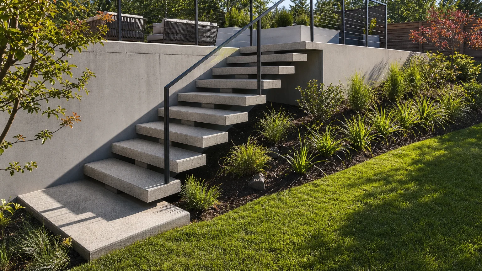 Terraced garden concrete steps with broad uniform treads and layered perennial planting.