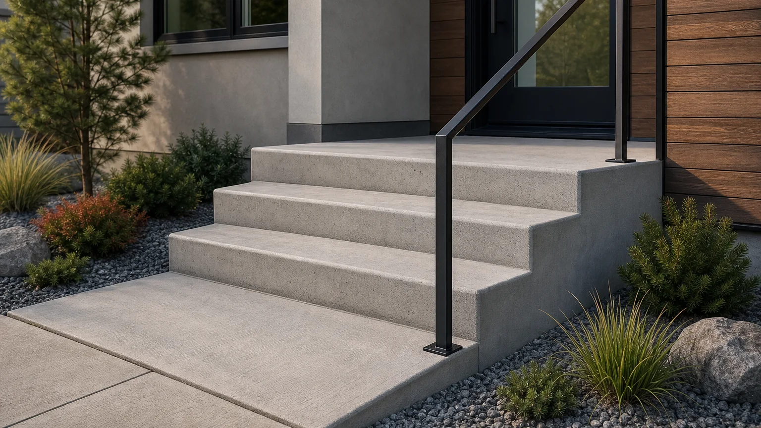 Warm-gray concrete stoop with broad steps beside a cedar privacy screen and native planting.