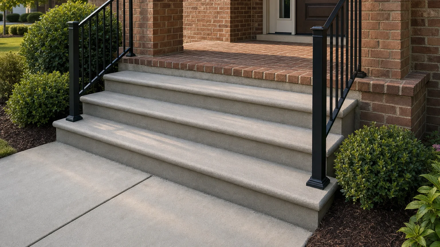 Wide concrete entry landing with uniform steps and a side path to the driveway.
