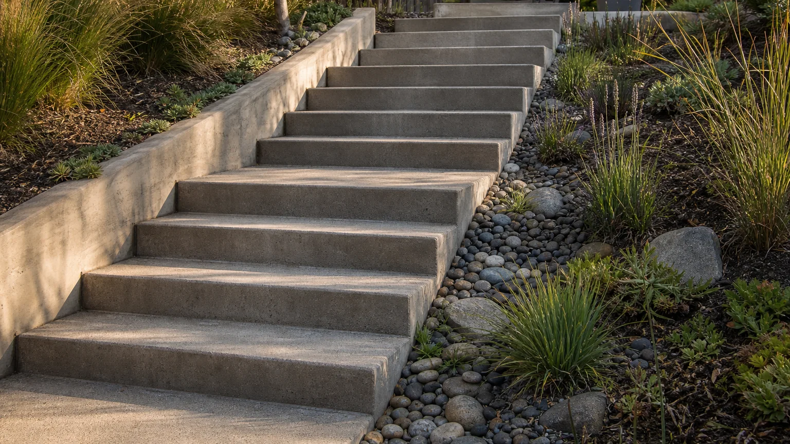 Uniform concrete hillside steps through a woodland garden with ferns and a simple handrail.