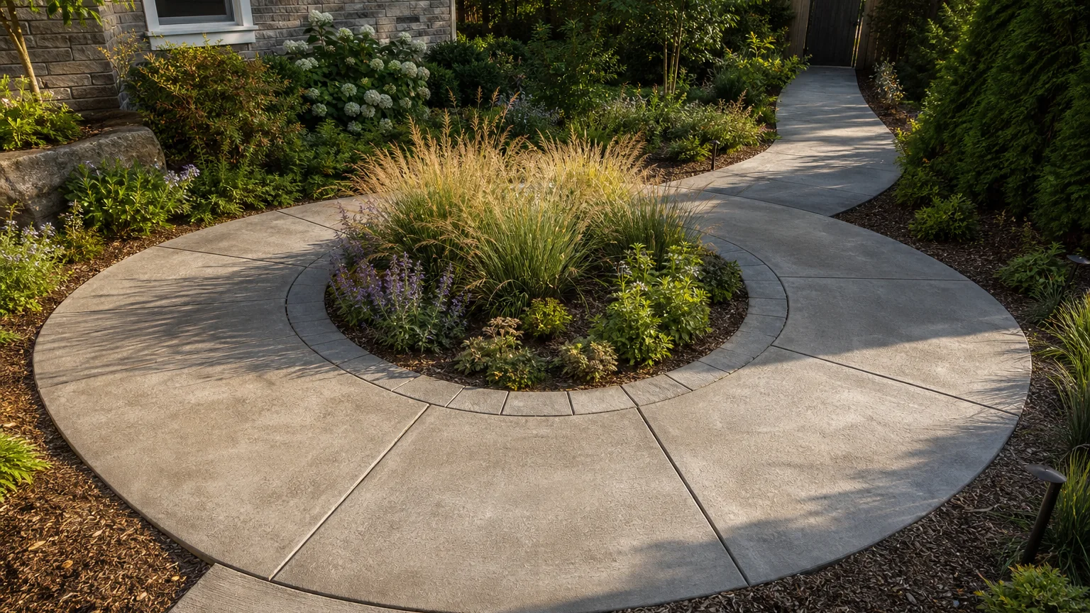 Concrete garden path looping around a low circular planter with ornamental grasses.