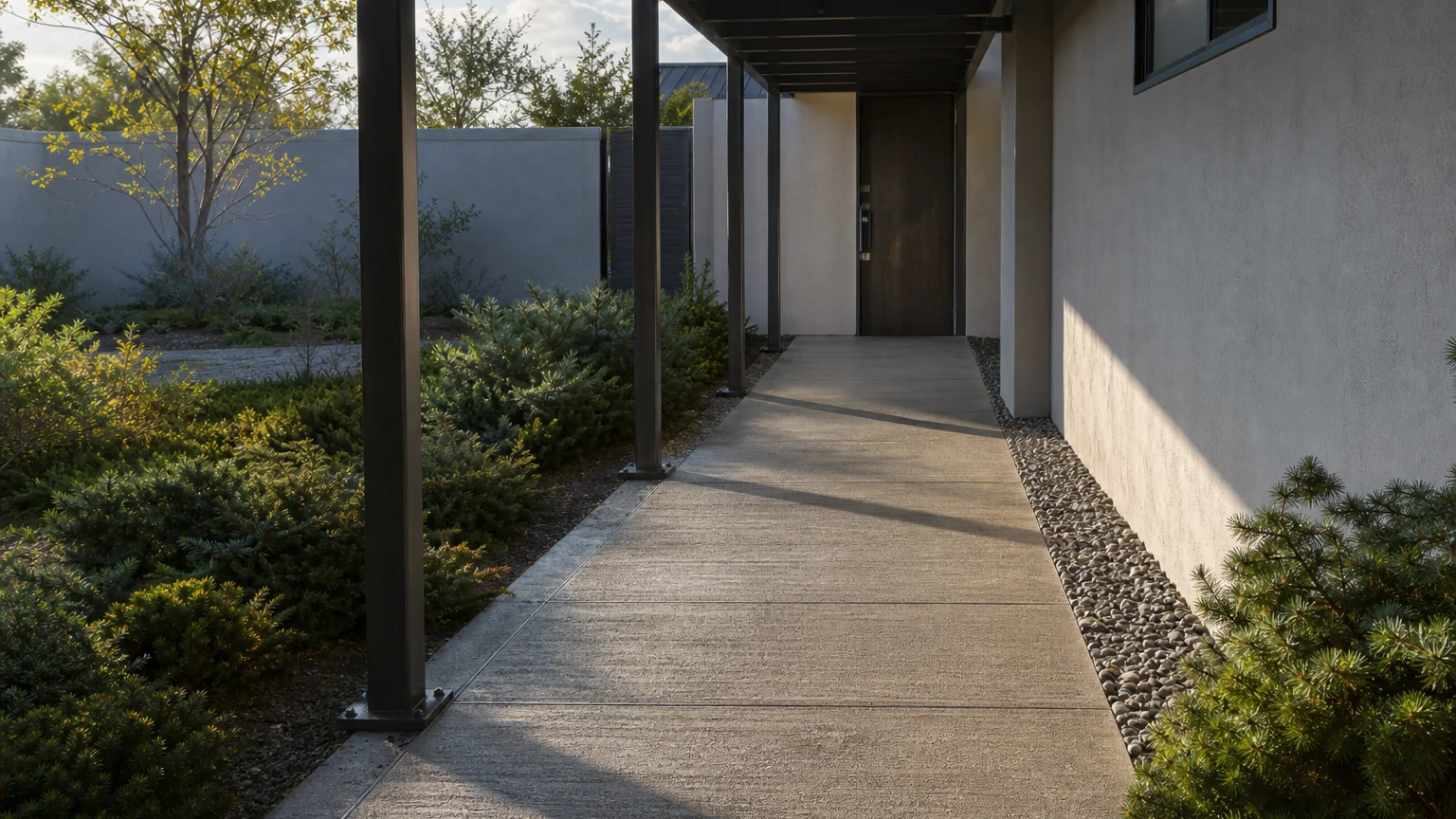 Concrete courtyard entry walk under a simple steel canopy with low planting.