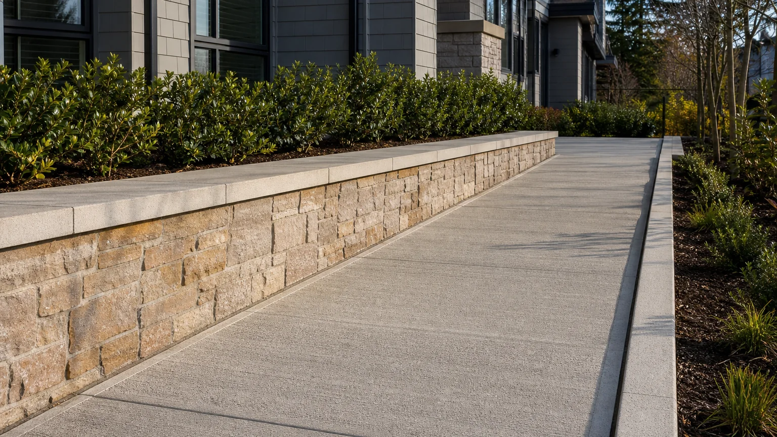 Concrete courtyard garden path beside a low masonry wall and layered planting.
