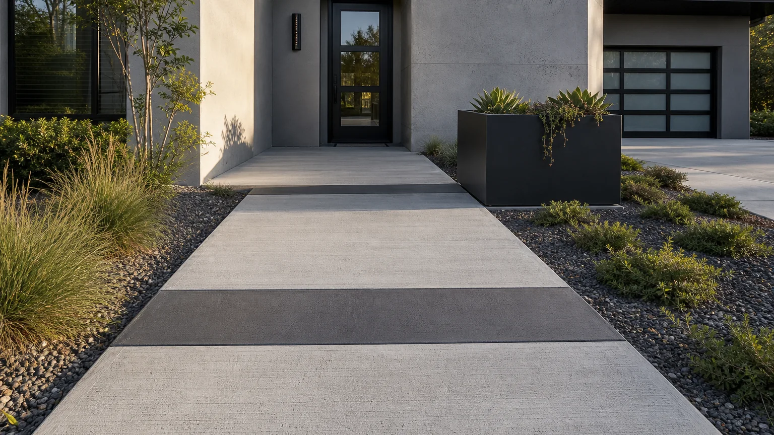 Light-gray concrete entry walk with a restrained charcoal inset band and contemporary planting.