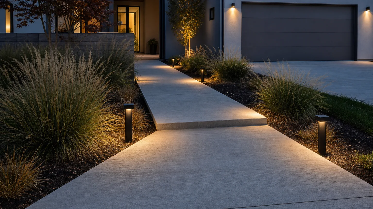 Concrete front path with low bollard lights and structured planting at blue hour.