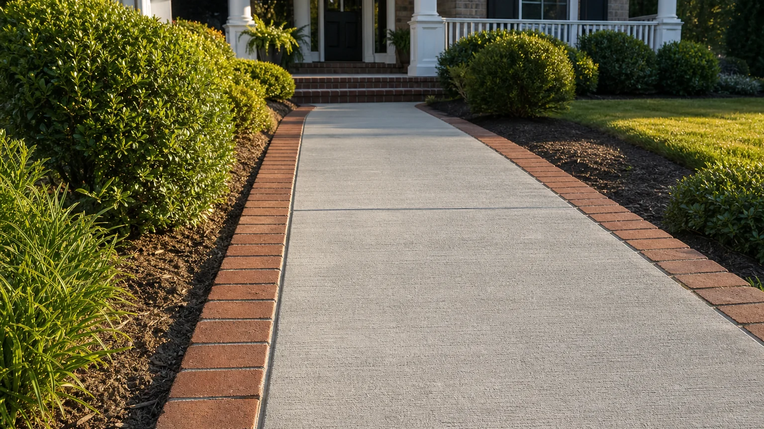 Concrete front walk with a flush brick edge band beside a traditional American home.