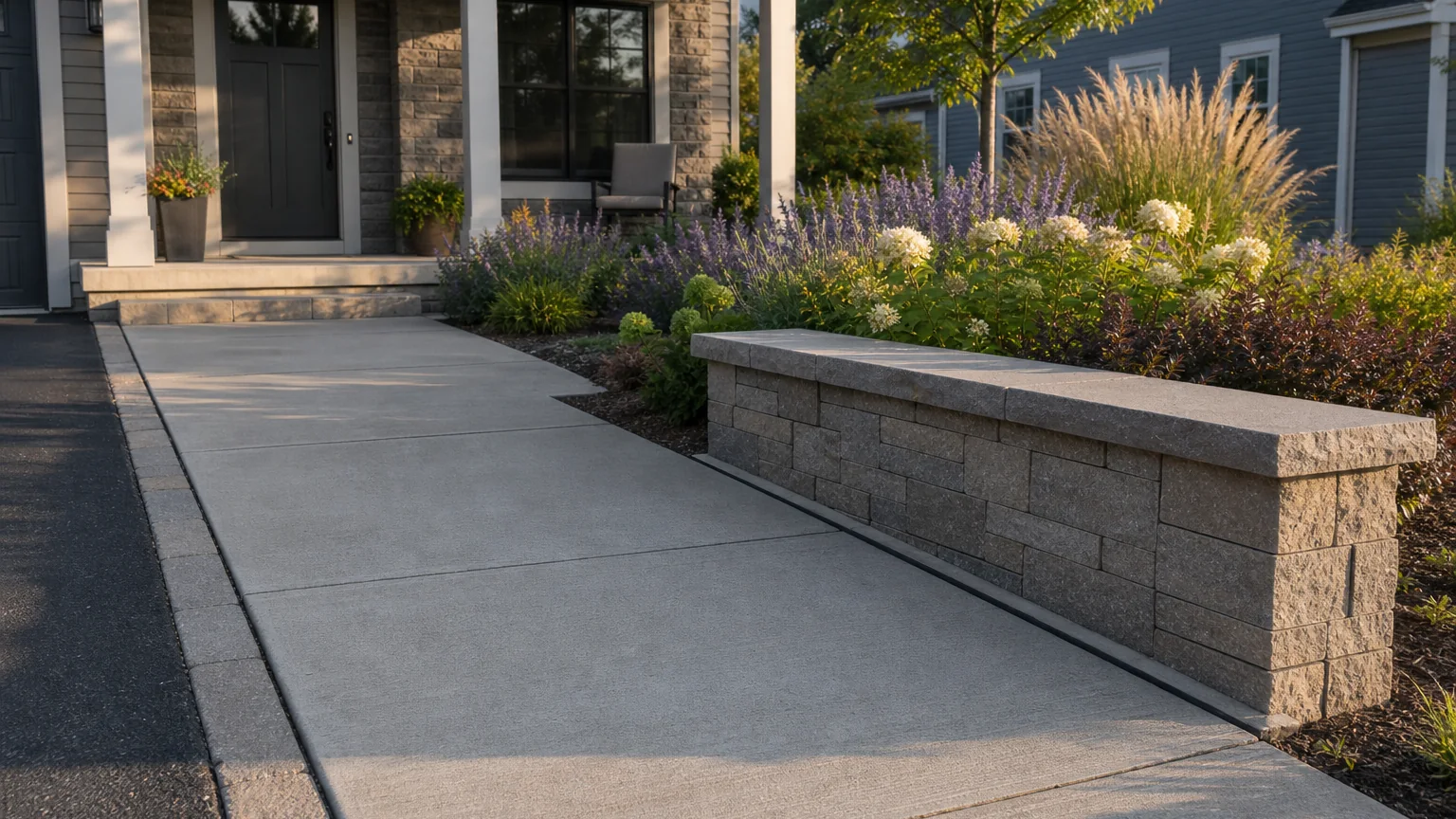 Concrete front walk beside a low masonry seat wall and layered front-yard planting.