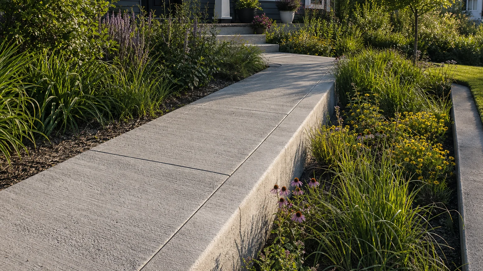 Concrete front walk beside a shallow rain-garden edge with native flowering plants.