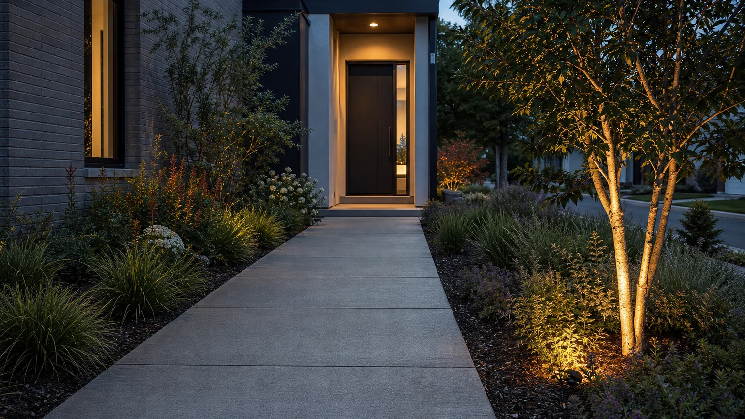 Concrete front walk beside a softly uplighted tree and low native planting at dusk.